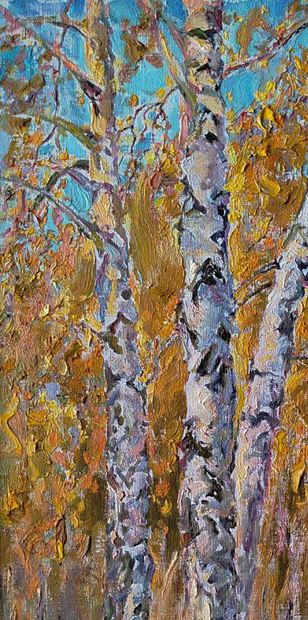 Vibrant impressionist oil painting of autumn birch forest by Leonid Pavlenko