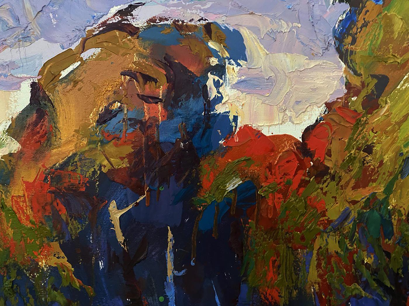 Oil painting Walking cows in the field by Oleksiy Ivanyuk, vibrant abstract textured brushstrokes