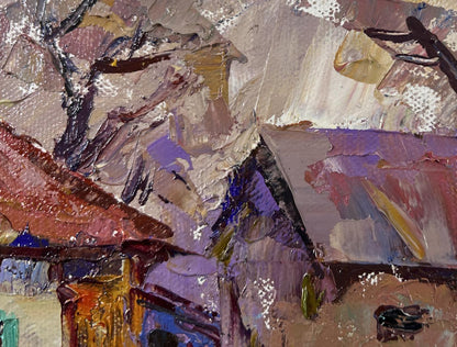Oil painting Yard in Sunset Light by Oksana Ivanyuk rooftops and trees