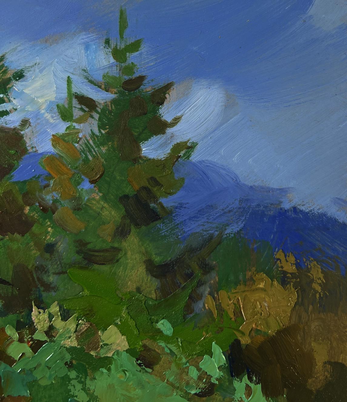 Oil painting Path to the village by Yuriy Suprunchuk: vibrant green pine tree