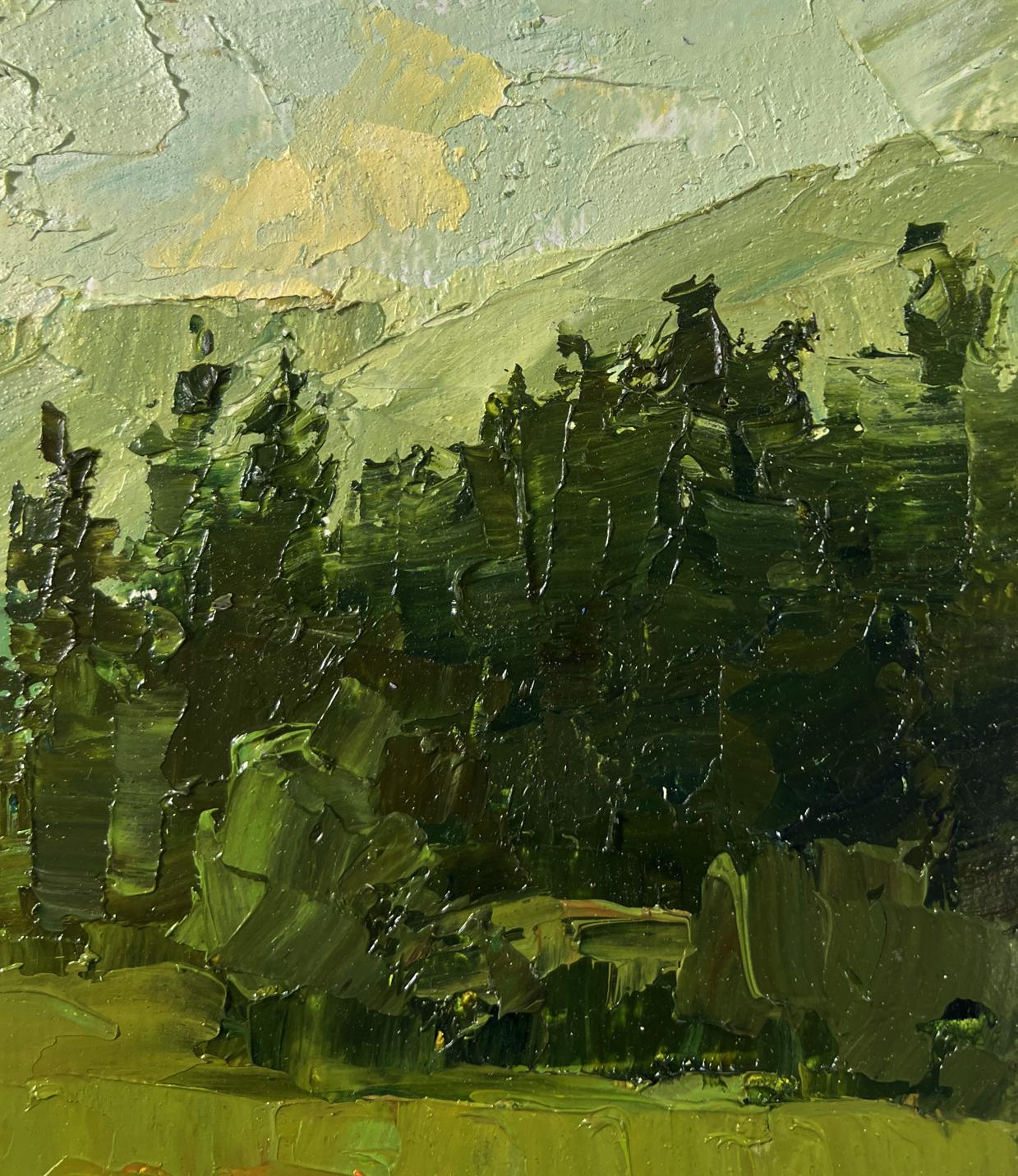 Impasto oil painting by Boris Serdyuk: rugged mountain landscape with horseback figures