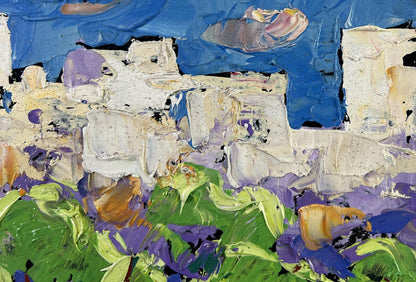 Oil painting Big city lights by Oleksiy Ivanyuk with blue sky and purple flowers