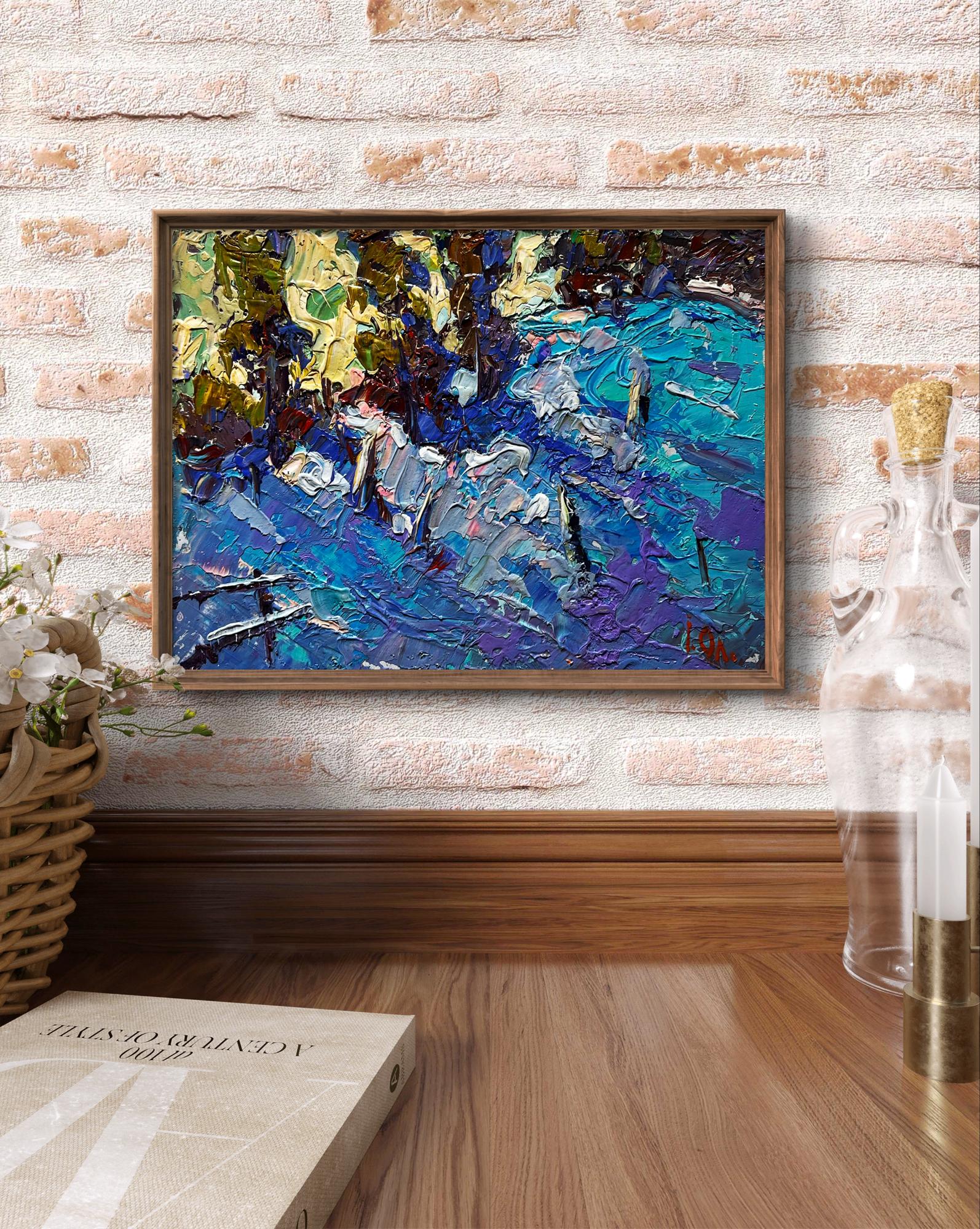Large Oleksiy Ivanyuk oil painting of snowdrifts in blues, purples, yellows
