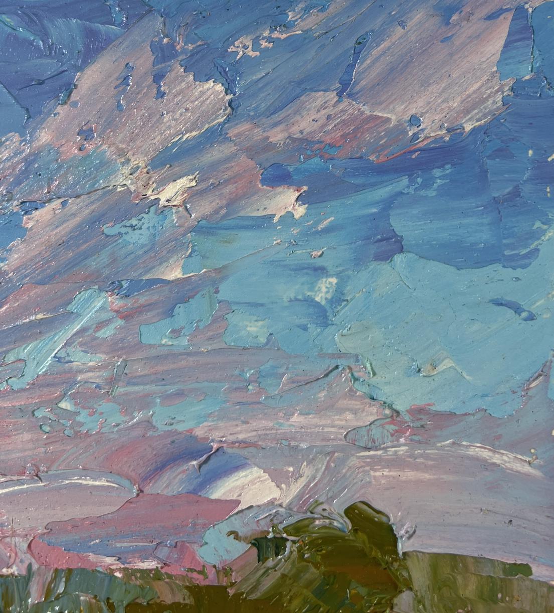 Oil painting September calm by Boris Serdyuk with blue pink green impasto strokes