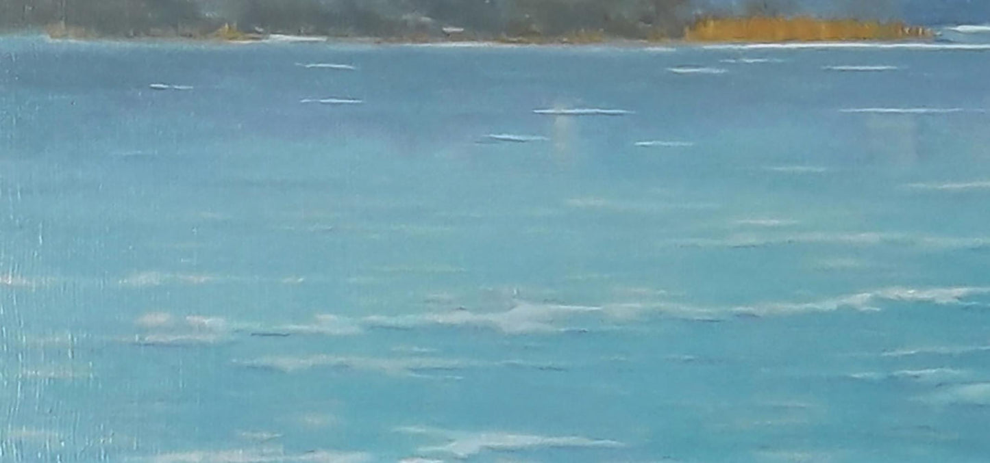 Oil painting of turquoise ocean overlooking city by Vasily Korkishko