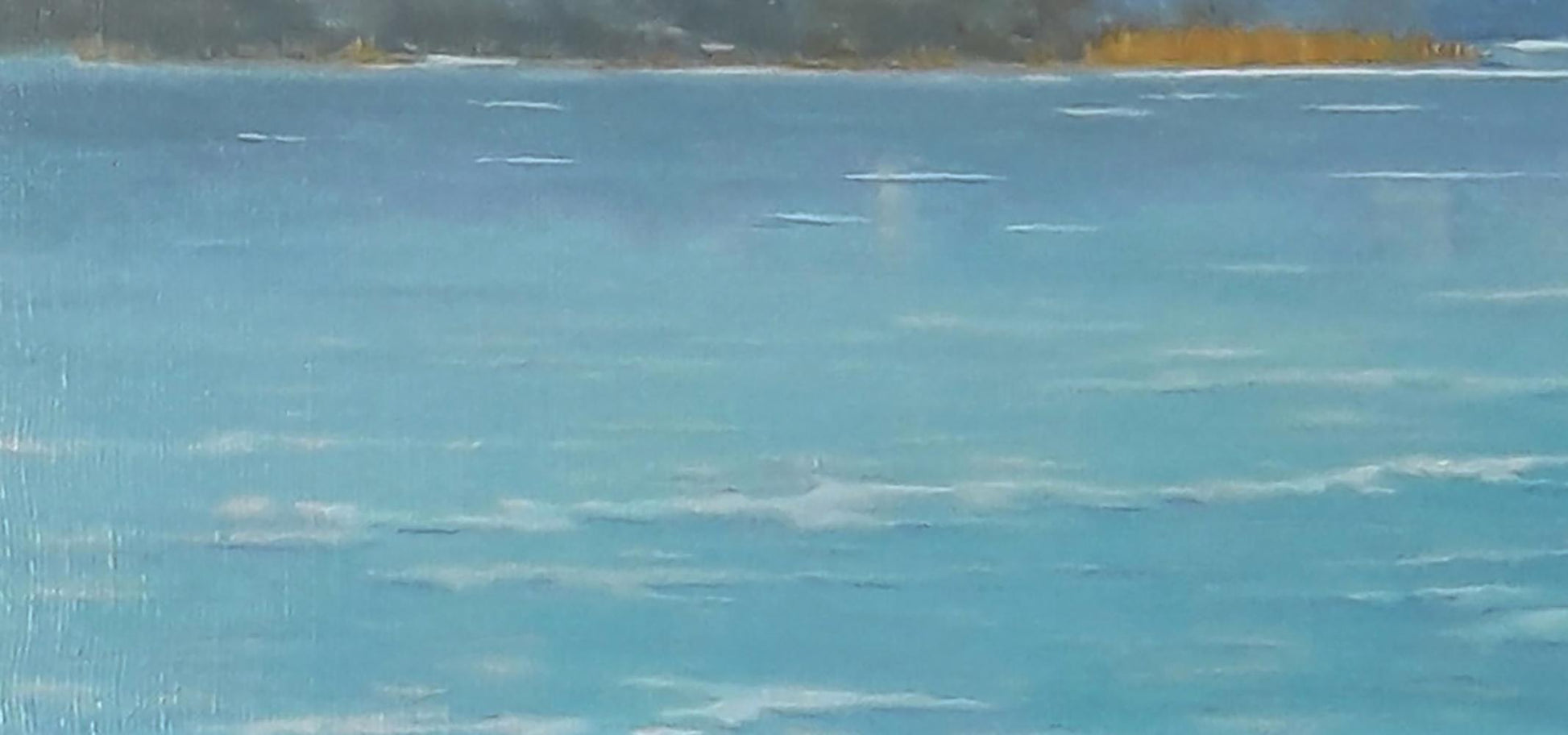 Oil painting of turquoise ocean overlooking city by Vasily Korkishko