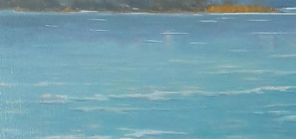 Oil painting of turquoise ocean overlooking city by Vasily Korkishko