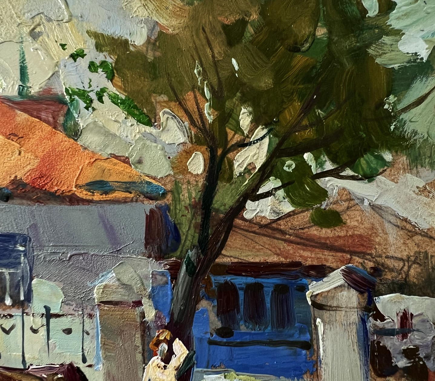 Textured impressionistic oil painting of cow near house by Yuriy Suprunchuk