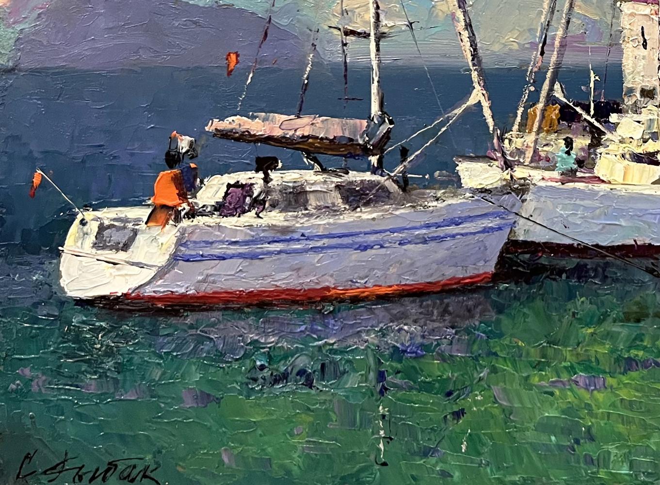 Impressionistic oil painting of white sailboat with blue red stripes by Serhiy Rybak