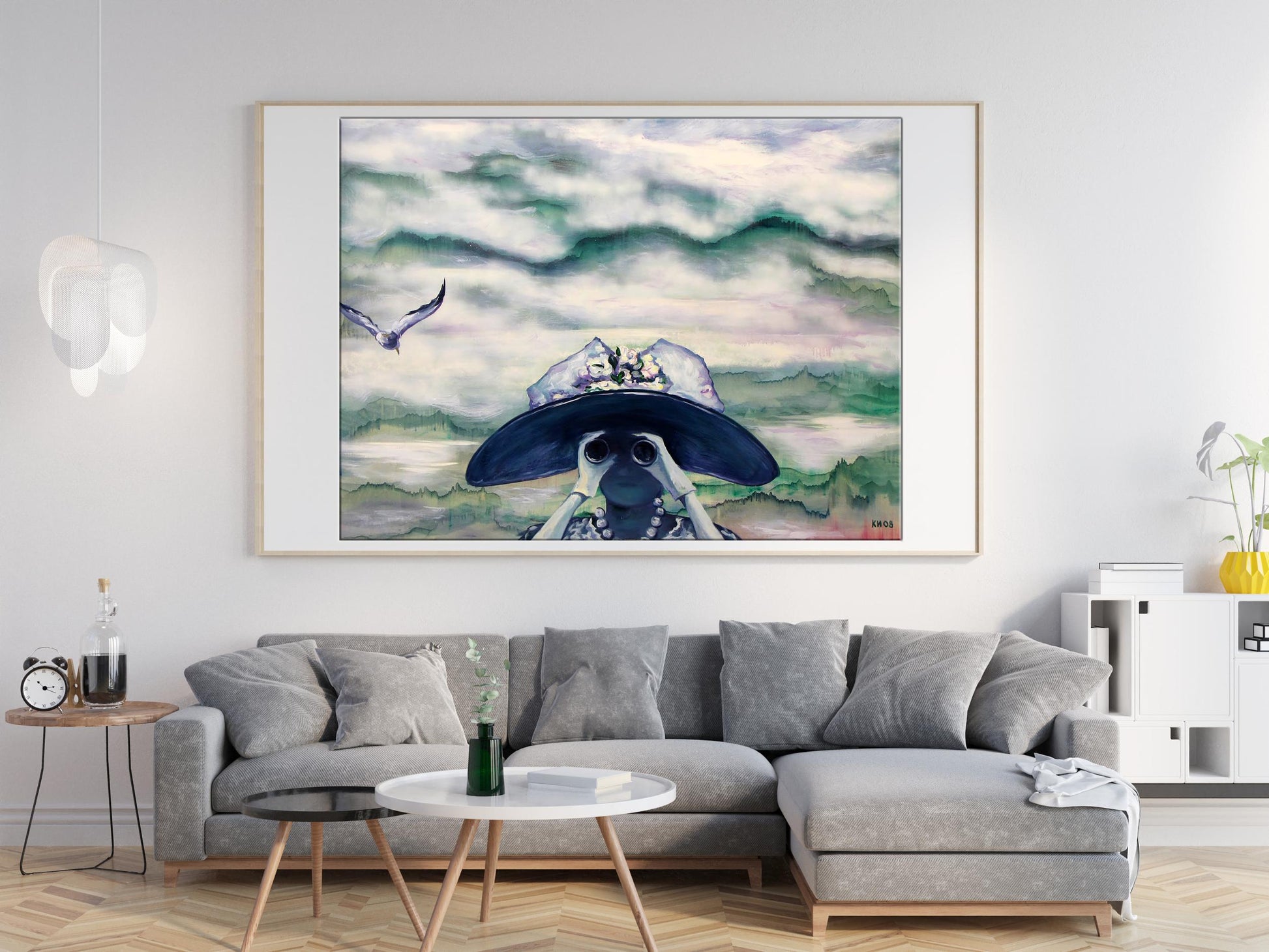 Framed watercolor of figure with hat and binoculars by Igor Konovalov