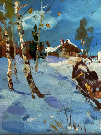 Oil painting of rustic wooden house with snow-covered roof by Yuriy Suprunchuk