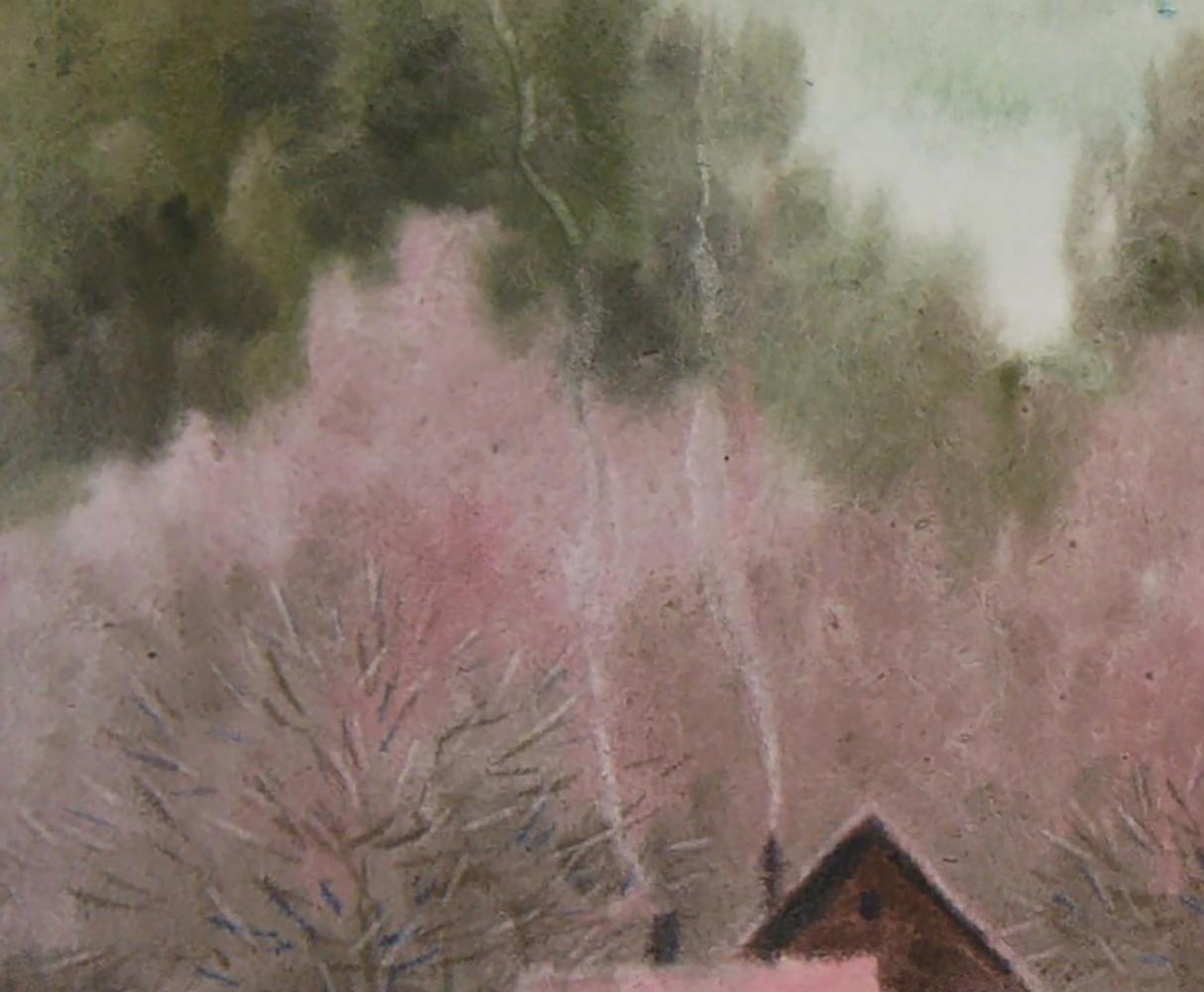 Watercolor painting of rustic house in pink blossoms by Valery Savenets