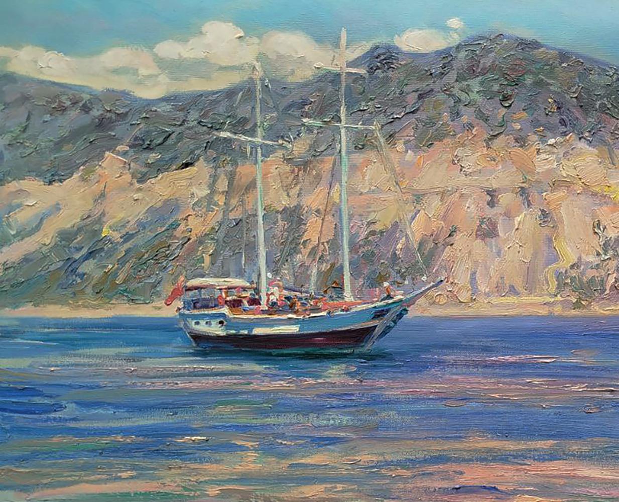 Oil painting of blue white sailboat near sunny beach by Leonid Pavlenko