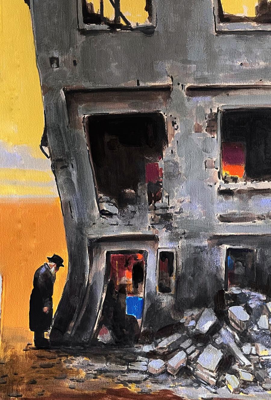 Acrylic painting Memory of the Wall by Juan Angel Gonzalez de la Calle, somber gray building with shattered windows under orange sky