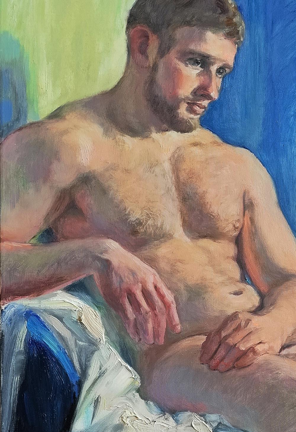 Oil painting portrait of pensive muscular man by Oksana Osnach