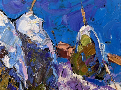 Oil painting Hay under the snow by Oksana Ivanyuk with blue textured brushstrokes