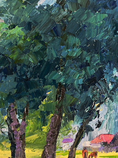 Oil painting Trees near the village by Boris Serdyuk, vibrant impressionist foliage