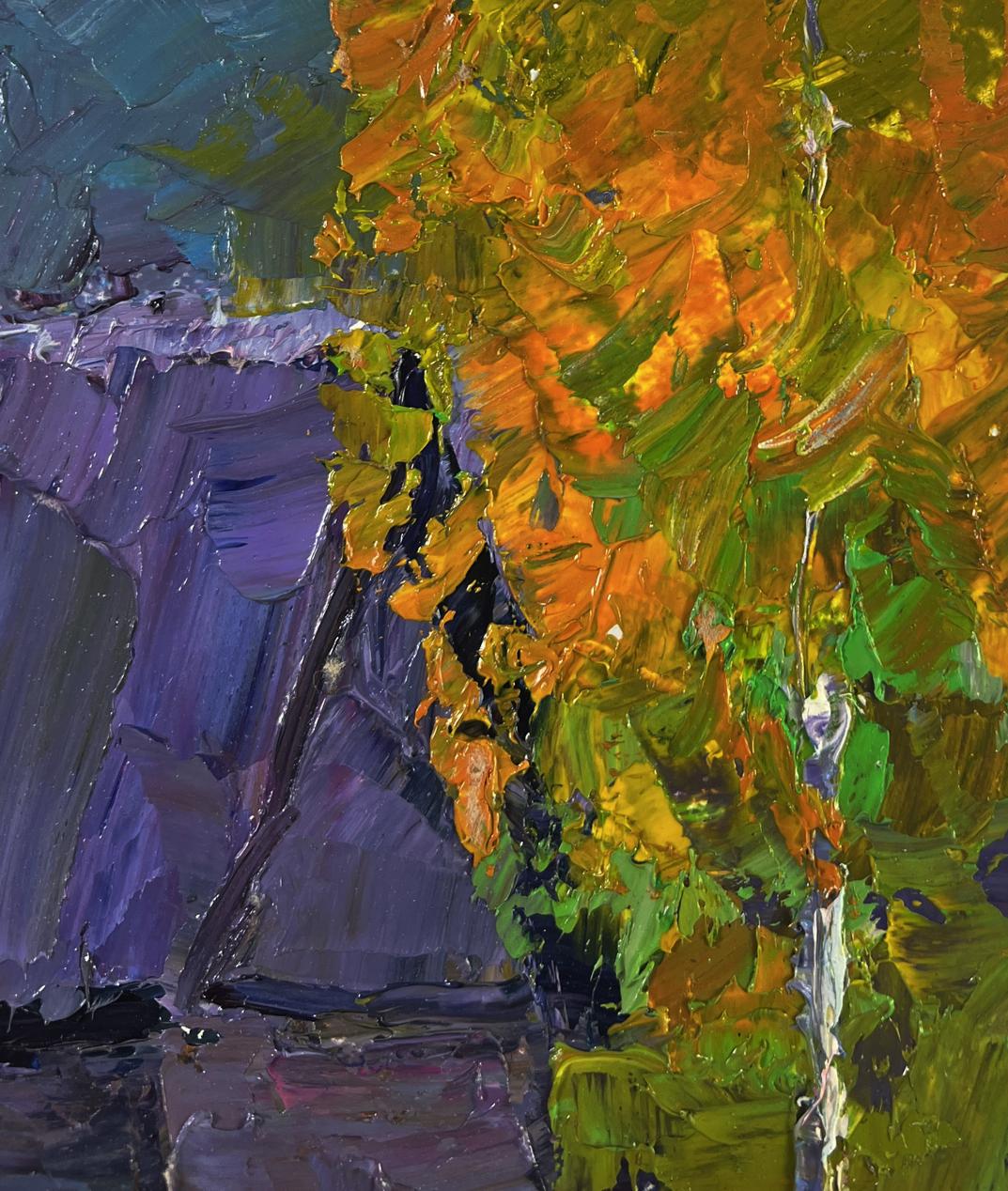 Oil painting of lonely cow in field by Boris Serdyuk, orange green foliage on purple