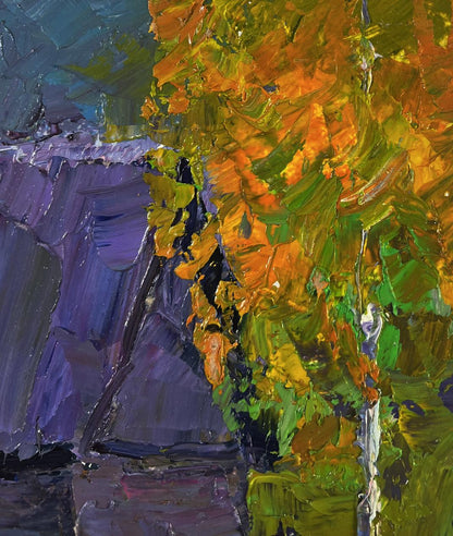 Oil painting of lonely cow in field by Boris Serdyuk, orange green foliage on purple