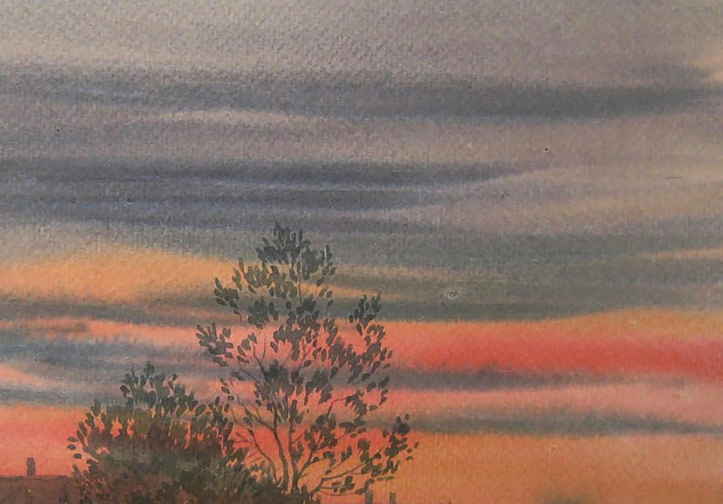 Watercolor painting of autumn evening tree silhouette by Valery Savenets