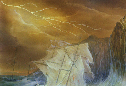 Oil painting of dramatic stormy sea by Vasily Korkishko, tall ship in waves