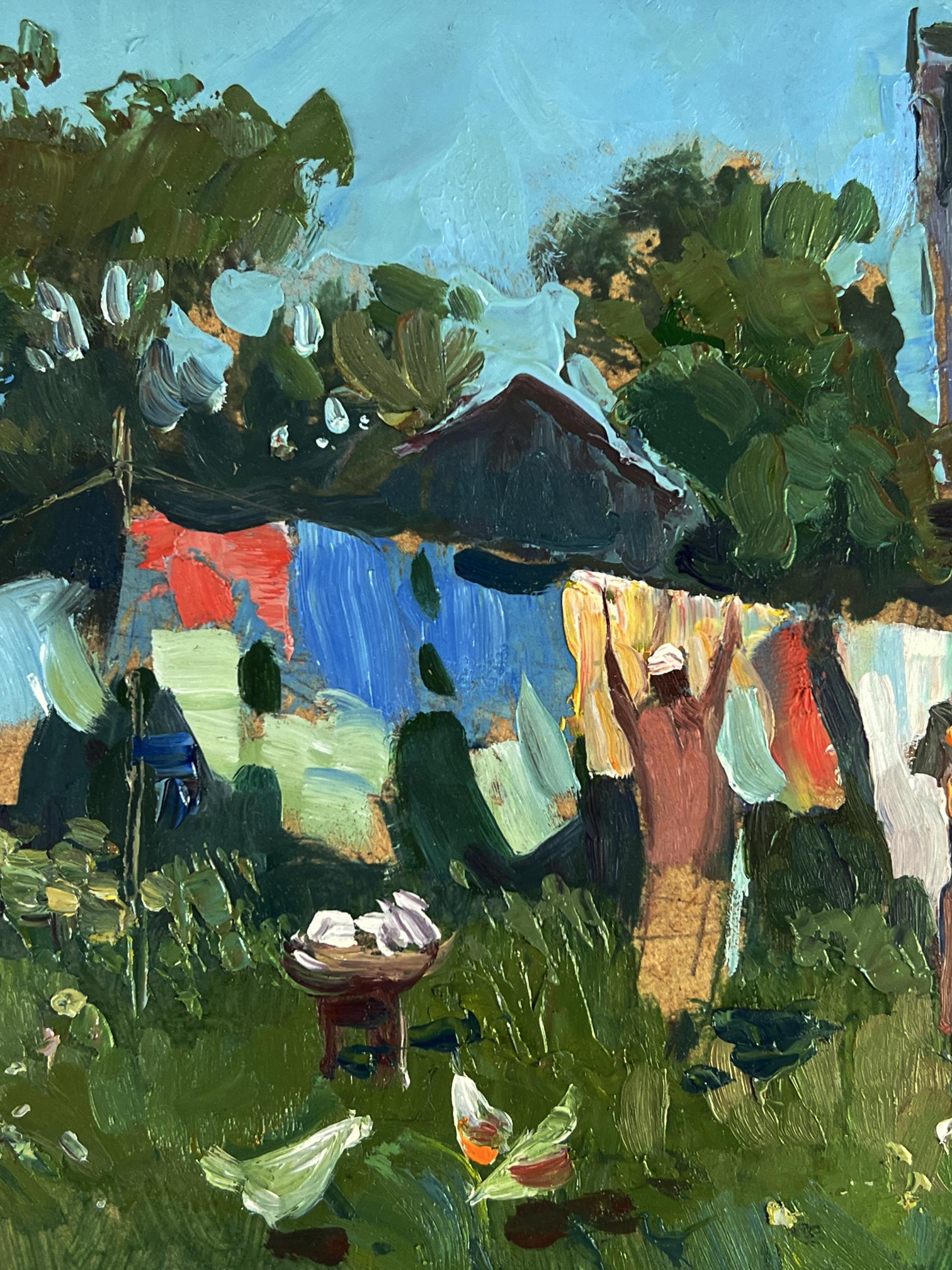 Vibrant oil painting by Yuriy Suprunchuk: rural daytime laundry under green trees