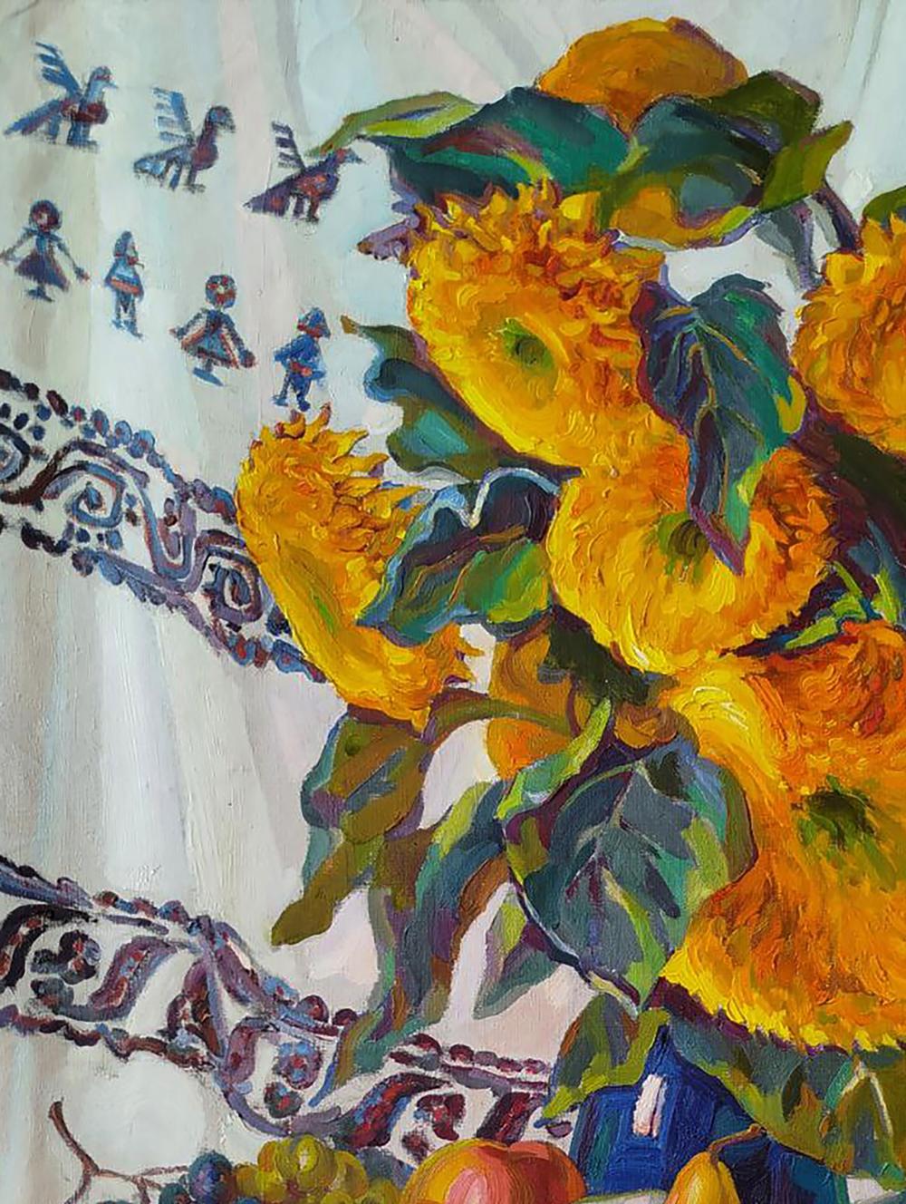 Oil painting of vibrant autumn sunflowers by Leonid Pavlenko