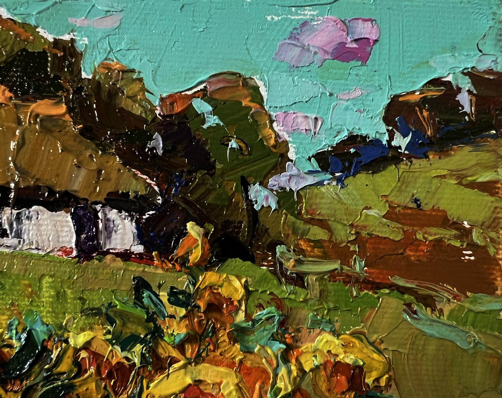 Vibrant impressionist oil painting of rural sunflowers by Oksana Ivanyuk