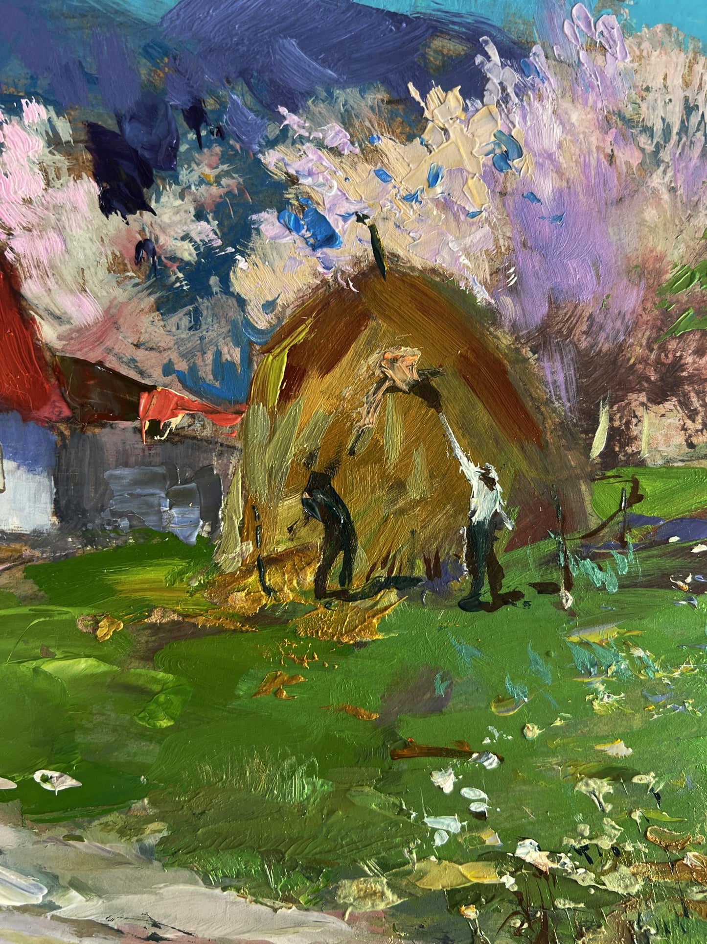 Oil painting Rural working days by Yuriy Suprunchuk hay bale scene