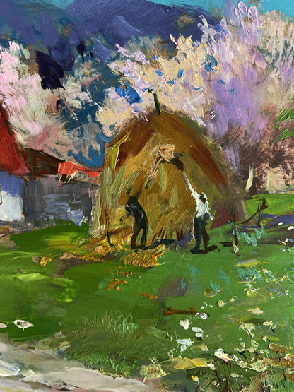 Oil painting Rural working days by Yuriy Suprunchuk hay bale scene