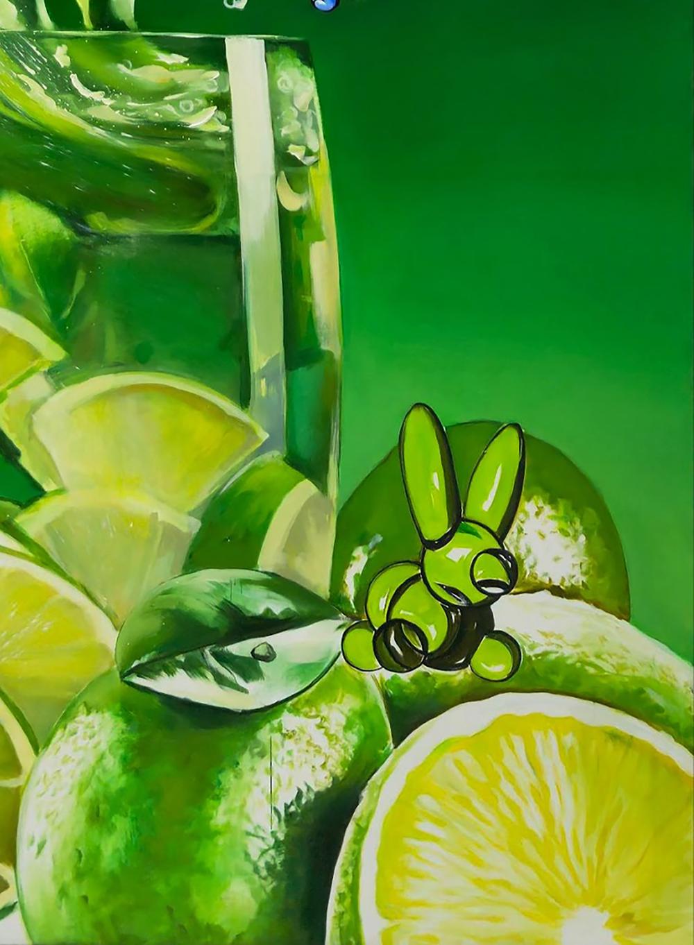 Oil painting of vibrant green glass with lime slices by Igor Konovalov