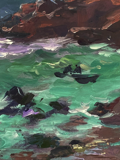 Oil painting Waves at the seashore by Yuriy Suprunchuk: boat on vibrant waves by cliffs