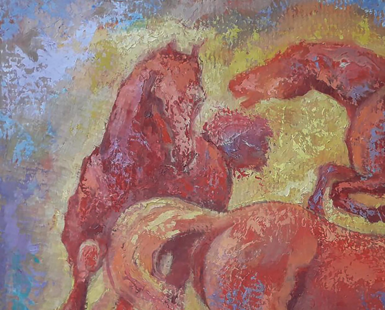 Vibrant red horses running in circles oil painting by Vasily Korkishko