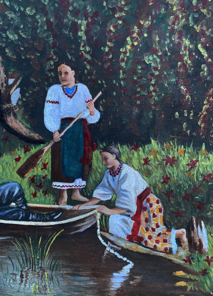 Oil painting of women relaxing by river in folk attire, unknown artist