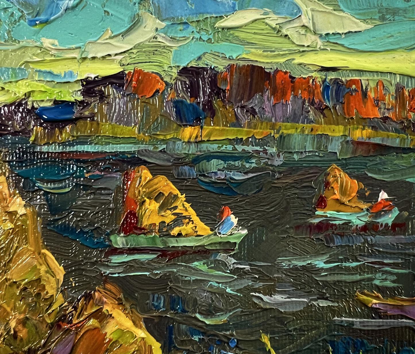 Vibrant impressionist oil painting by Oksana Ivanyuk transporting hay across river