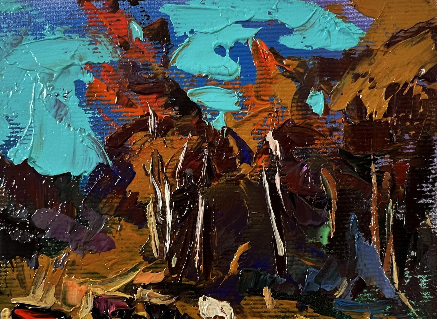 Oil painting Near the autumn forest by Oleksiy Ivanyuk, vibrant teal orange abstract