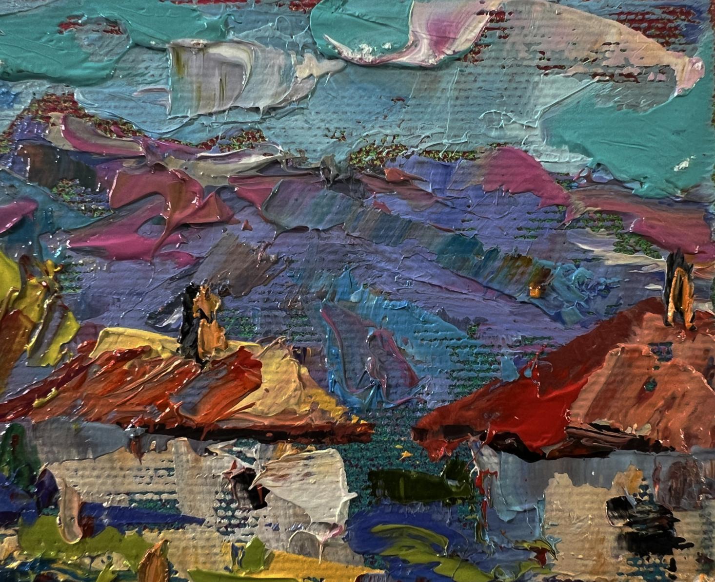 Vibrant Oleksiy Ivanyuk oil painting Clean village air in teal purple red yellow