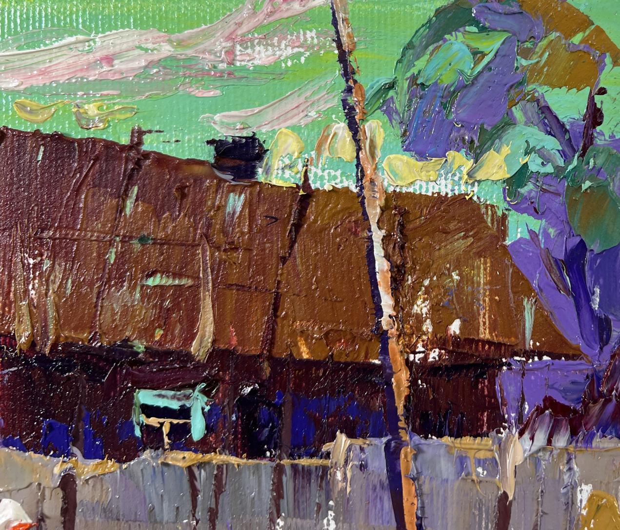 Oil painting The sky at dusk by Oleksiy Ivanyuk, rustic landscape under green sky