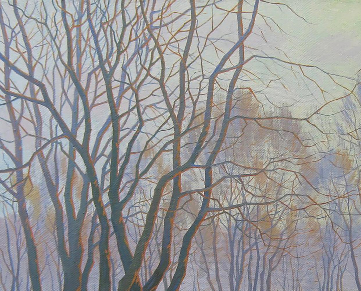 Oil painting of bare tree branches in Spring meadow by Valery Savenets