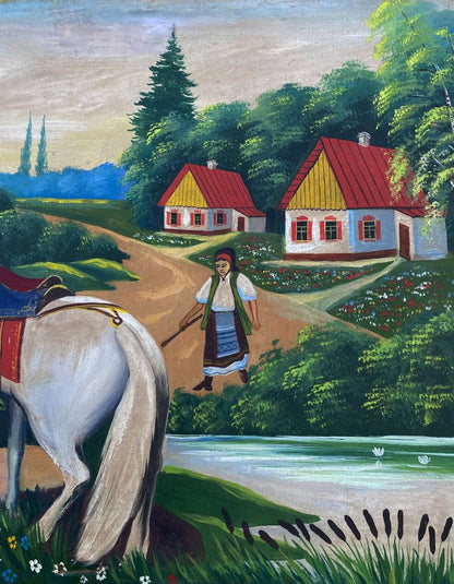 Oil painting of young couple, white horse with red blue saddle in pastoral scene