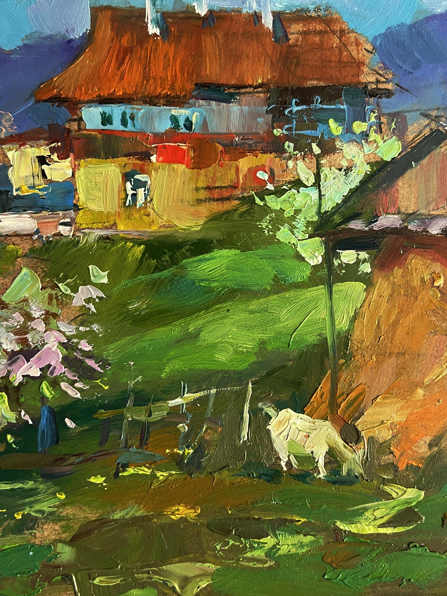 Vibrant oil painting by Yuriy Suprunchuk of village garden with goat and horse