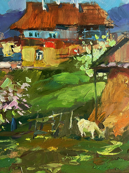 Vibrant oil painting by Yuriy Suprunchuk of village garden with goat and horse