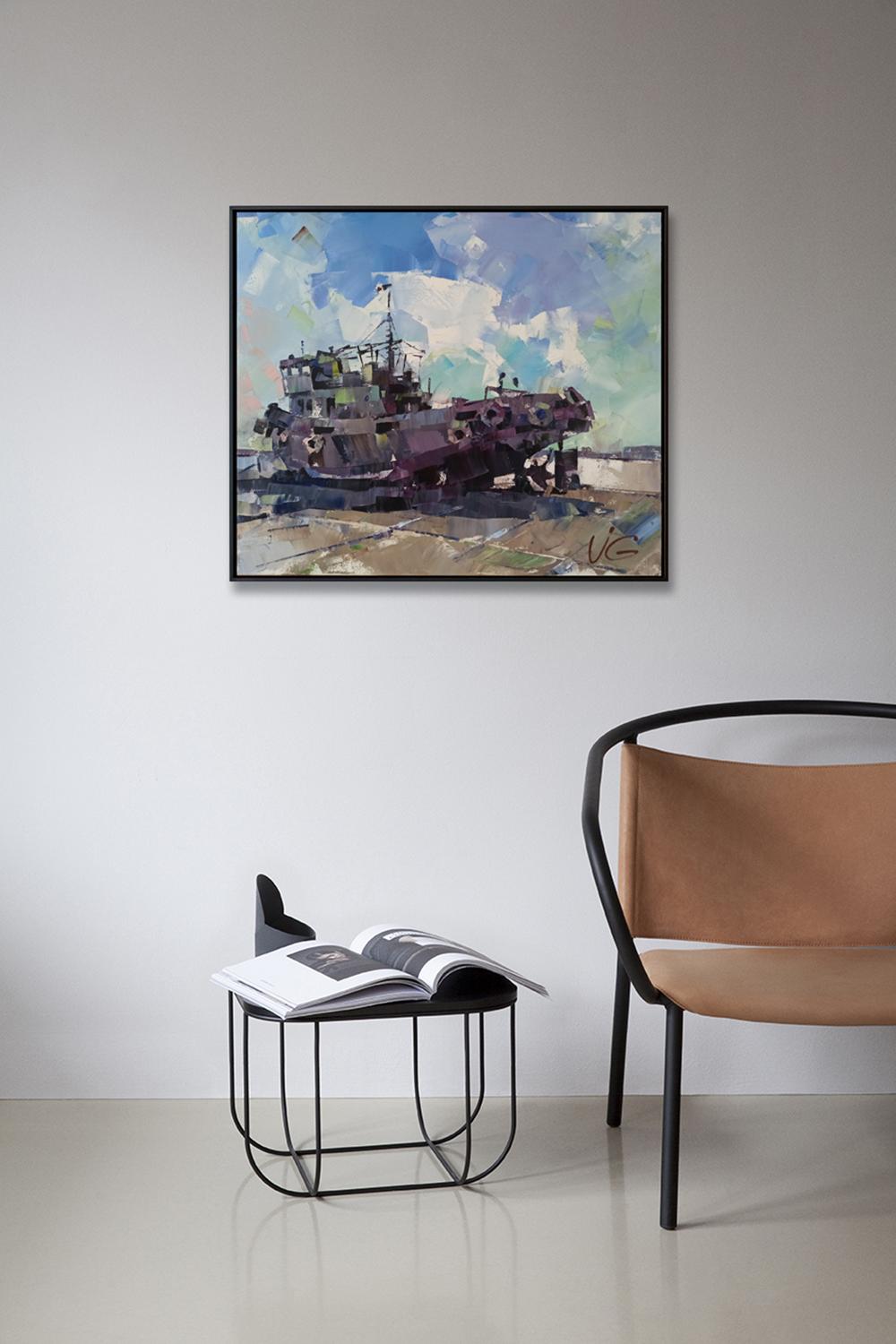 Framed watercolor of weathered rust tugboat by Volodymyr Gluhomanyuk