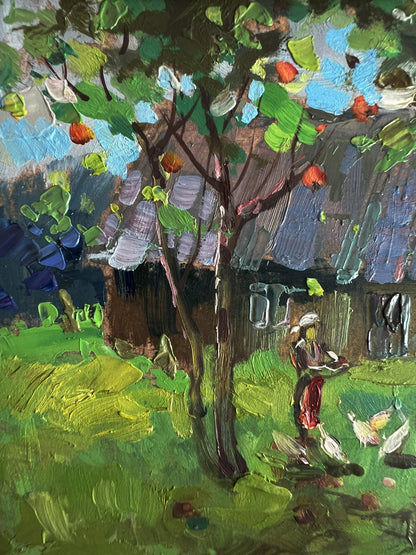 Vibrant impressionist oil painting of tree with green leaves orange fruit rustic house by Yuriy Suprunchuk