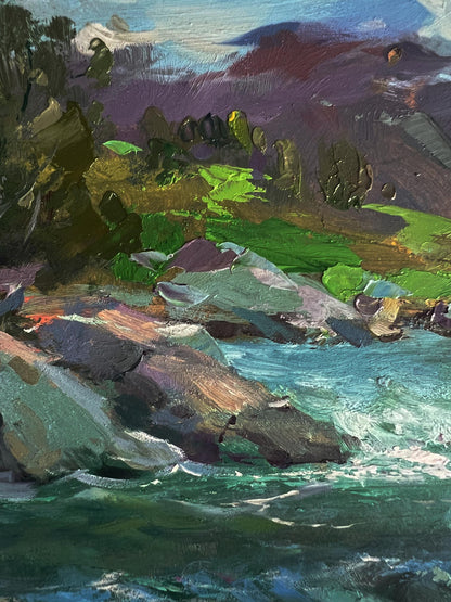 Vibrant impressionist oil painting of river in mountains by Yuriy Suprunchuk