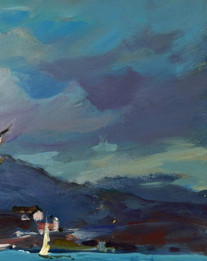 Serene impressionist oil painting by Yuriy Suprunchuk: sailboat, seagulls on blue waves