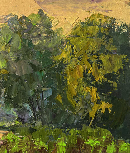 Oil painting Spring sunset over river by Boris Serdyuk lush foliage