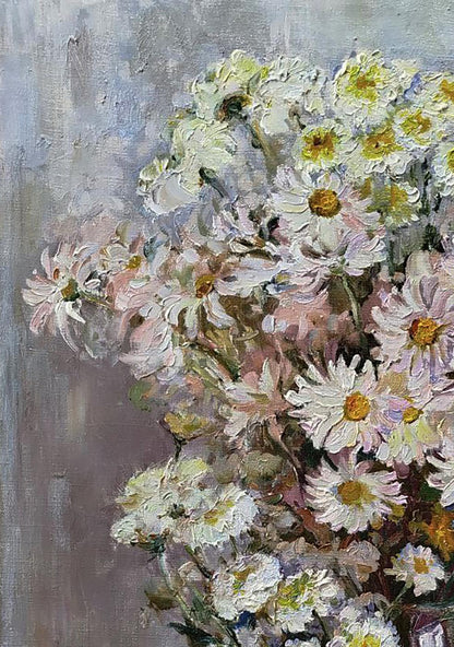 Impressionistic oil painting of white and pale pink daisies by Leonid Pavlenko