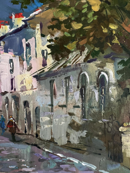 Oil painting of Yuriy Suprunchuks bustling old city street with pastel buildings