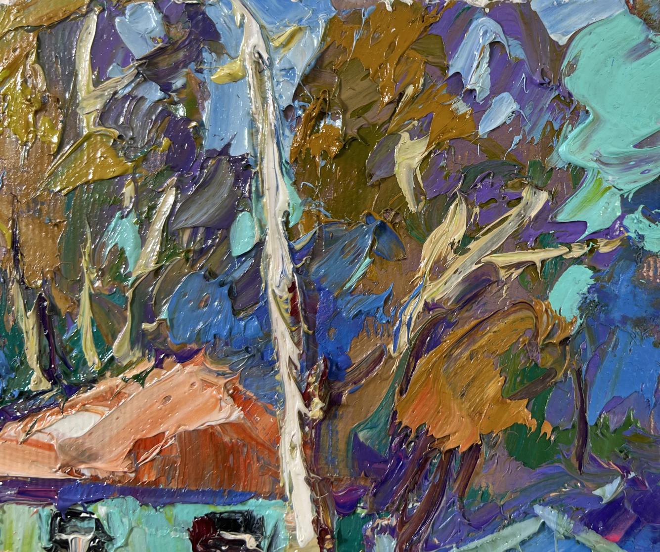 Vibrant oil painting The herd returns by Oleksiy Ivanyuk with stylized tree